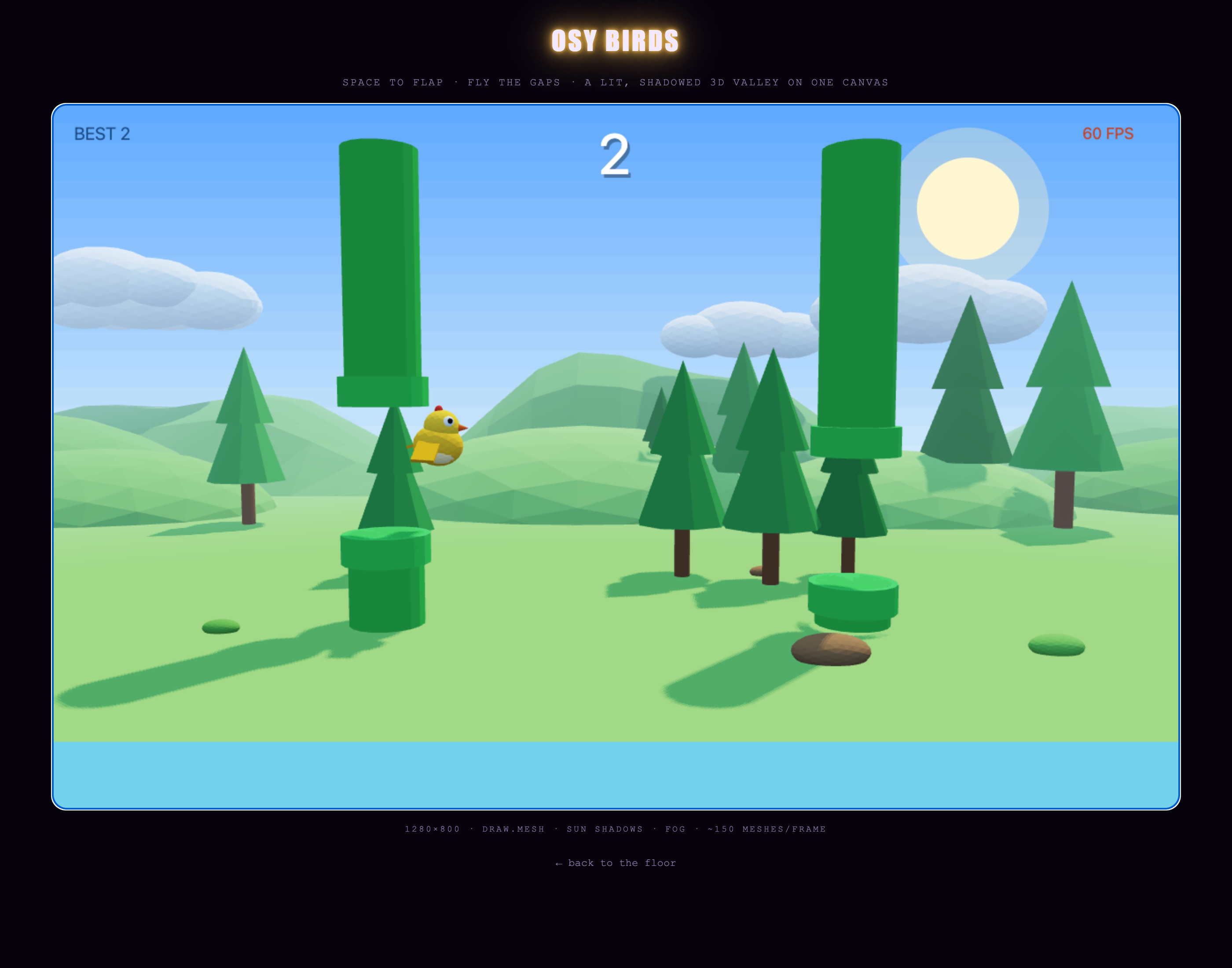 A lit low-poly 3D valley with a bird flying between pipes
