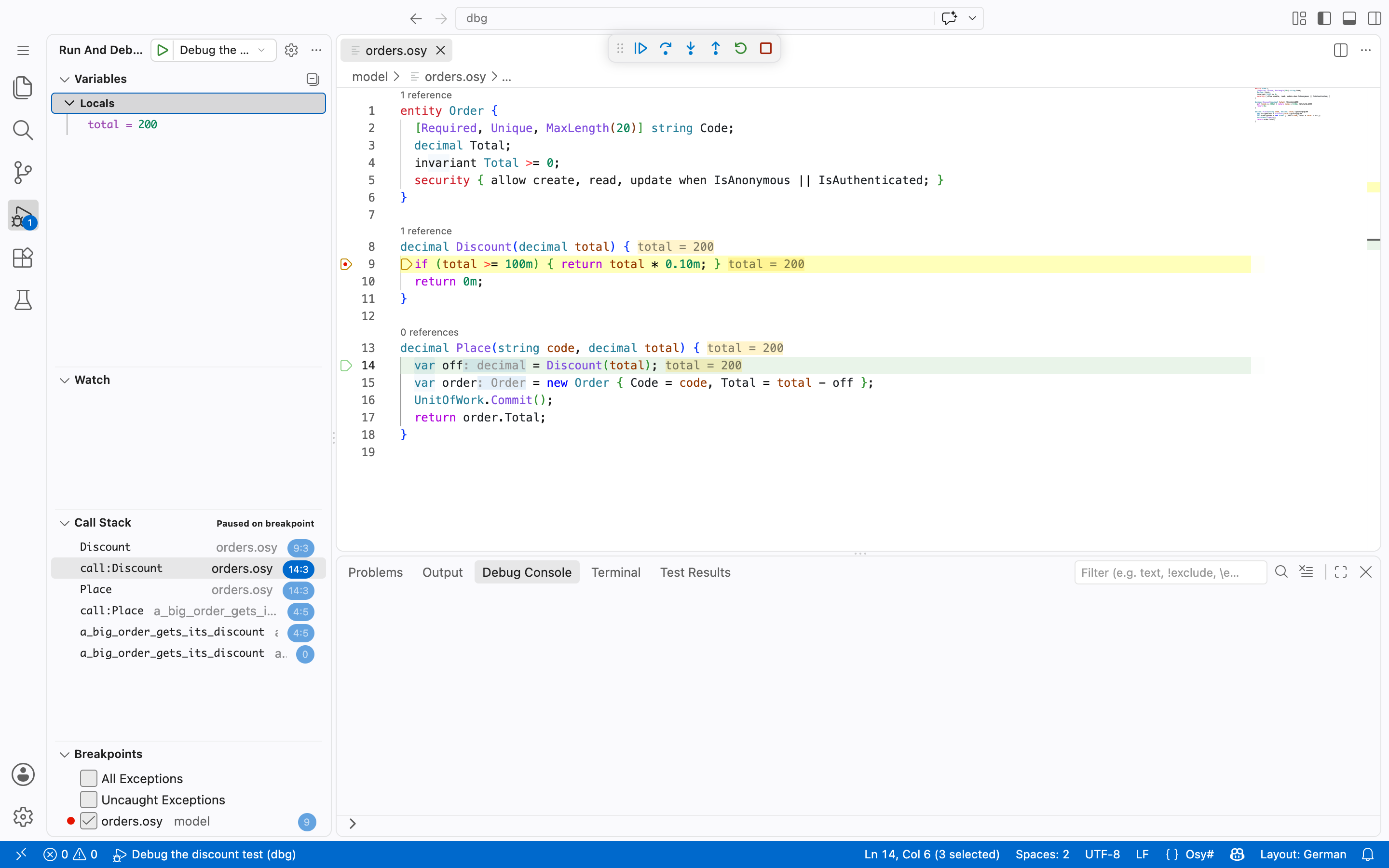 VS Code paused in an Osy# file with the call stack, locals and inline values
