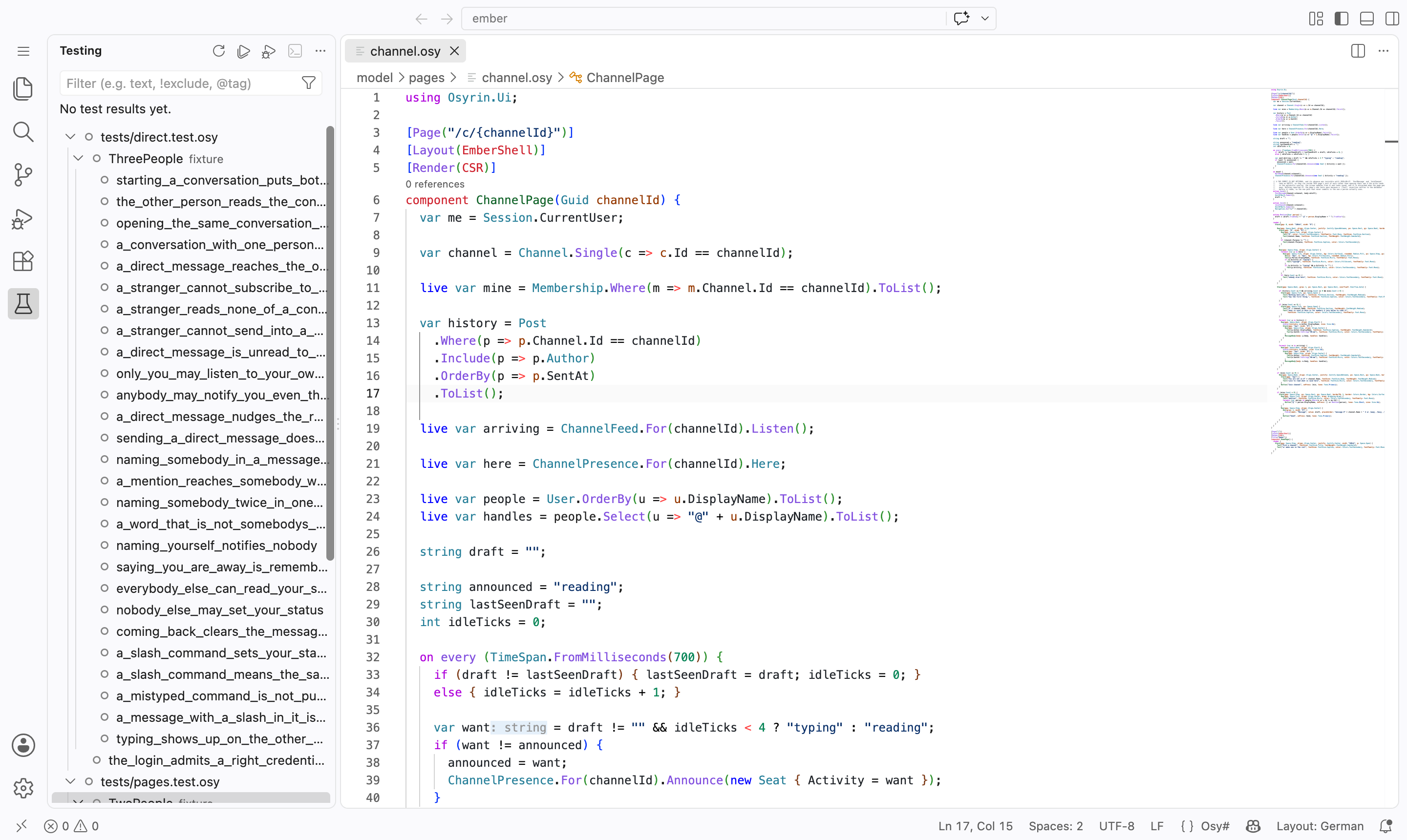 The VS Code Test Explorer showing an Osy# app's tests grouped by file and fixture