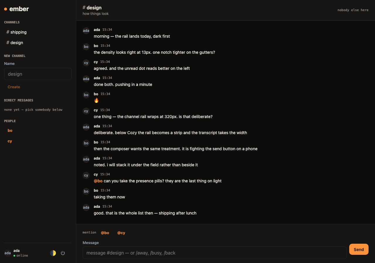 A chat client in dark mode, with a channel rail and a transcript