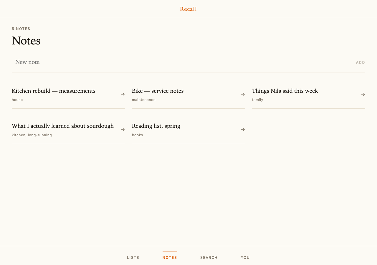 A personal notes app: an index of notes set in a serif on cream paper